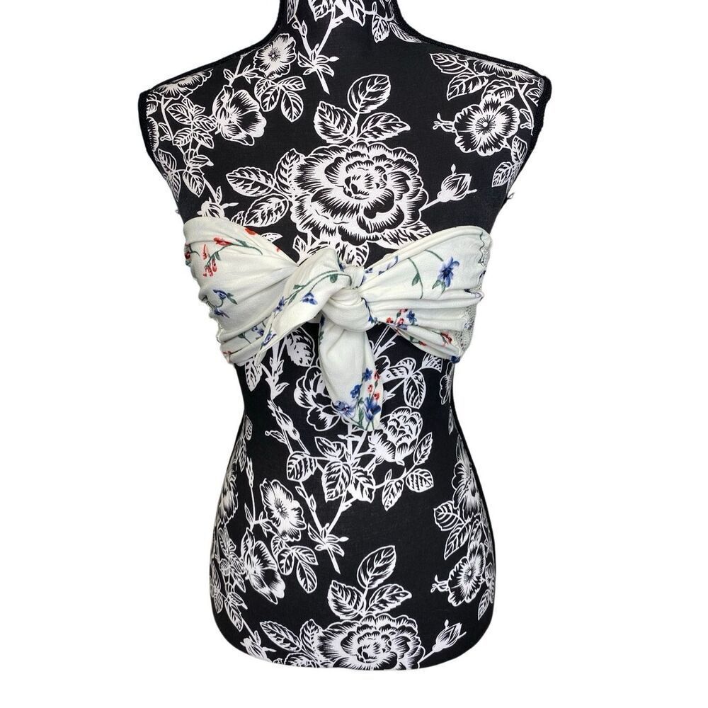 Nwt Showpo Cream Floral Bandeau Tie Front Crop Top Boho Strapless XS Coquette